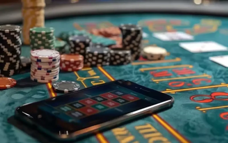 Cheerful Brazilian player using the 54BB app against a futuristic background
